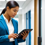 A professional businesswoman in a modest business suit, reviewing data on a secure tablet while walking through a modern, well-lit office hallway, with diverse colleagues working efficiently in the background. A subtle glow around her tablet screen indicates secure data access. She maintains a focused, confident expression, demonstrating secure and continuous verified access to information. Professional photography, high resolution, crisp detail, perfect anatomy, correct proportions, natural pose, well-formed hands, proper finger count, natural body proportions, safe for work, appropriate content, fully clothed, professional dress, appropriate attire.