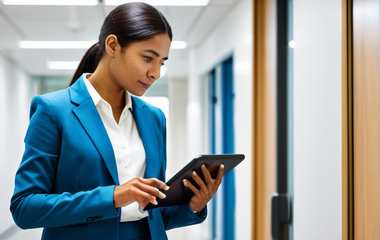 A professional businesswoman in a modest business suit, reviewing data on a secure tablet while walking through a modern, well-lit office hallway, with diverse colleagues working efficiently in the background. A subtle glow around her tablet screen indicates secure data access. She maintains a focused, confident expression, demonstrating secure and continuous verified access to information. Professional photography, high resolution, crisp detail, perfect anatomy, correct proportions, natural pose, well-formed hands, proper finger count, natural body proportions, safe for work, appropriate content, fully clothed, professional dress, appropriate attire.