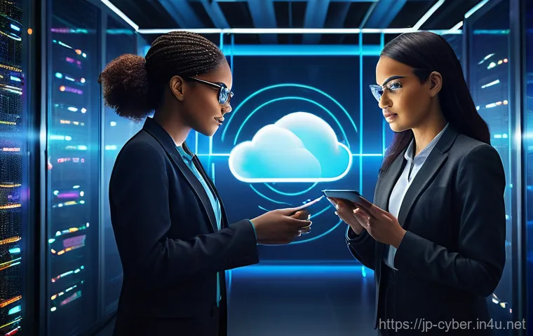 클라우드 보안 전문가로 성장하기 - **Prompt:** A diverse group of three cloud security engineers (two women, one man, all professionall...