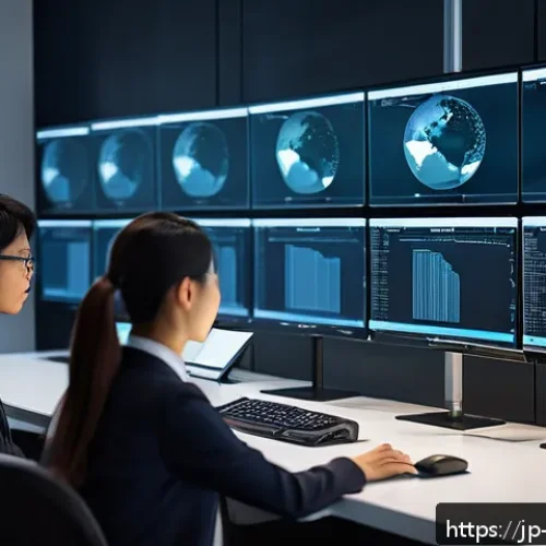 사이버보안과 디지털 포렌식의 차이 - A modern Japanese office scene showing a diverse group of professionals collaborating on cybersecuri...