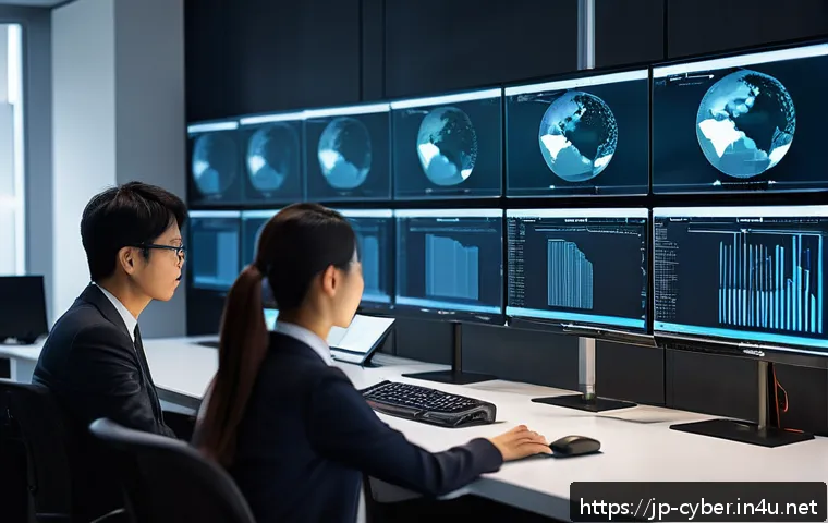 사이버보안과 디지털 포렌식의 차이 - A modern Japanese office scene showing a diverse group of professionals collaborating on cybersecuri...